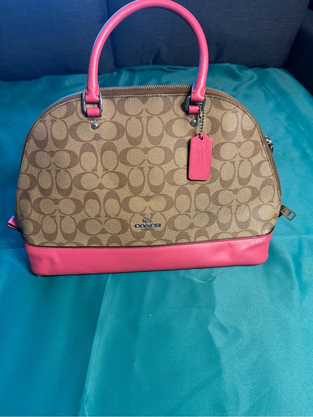 Coach Brown Signature Dome Satchel with Pink Trim